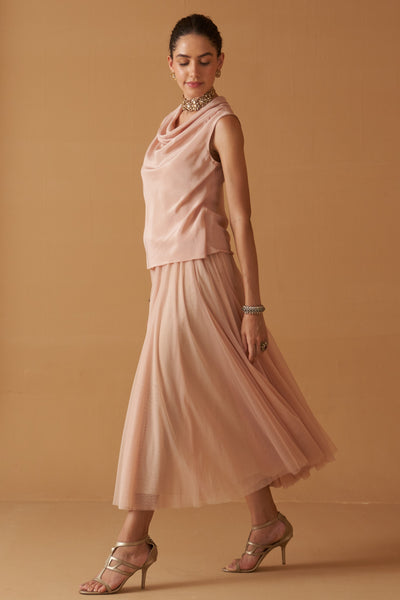 PEACH TO MINT SHADED SCALLOP EMB NET CAPE, TOP, SKIRT SET (3 PCS)