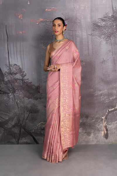 OLD ROSE TUSSOR GEORGETTE EMBROIDERED SAREE (1 PC)