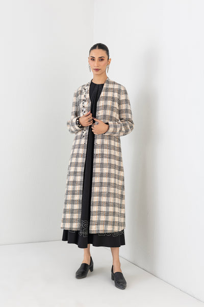 BEIGE & BLACK CHEQUERED WOOLEN JACKET (1 PC)