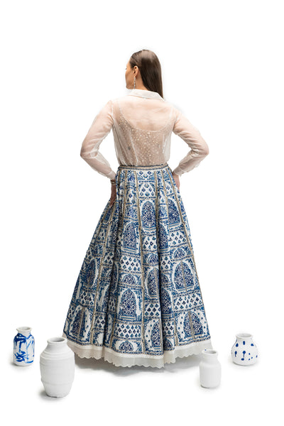 BLUE DUPION EMBROIDERED SKIRT WITH WHITE SCALLOP BORDER (FA-08/SKT)