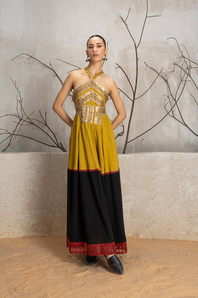 MUSTARD & BLACK KALA COTTON EMBROIDERED DRESS (1 PC)