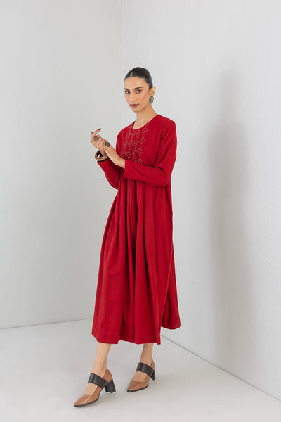 RED BOX PLEATED MELANGE EMBROIDERED DRESS (1 PC)