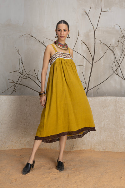 MUSTARD KALA COTTON EMBROIDERED DRESS (1 PC)