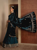 TEAL VELVET & TUSSAR EMBROIDERED SAREE SET (4 PCS)