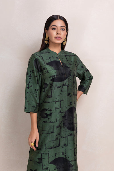 MILITARY GREEN SILK CHANDERI PRINTED TUNIC (1 PC)