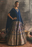 BLUE CHINON CHIFFON EMBROIDERED CAPE WITH COBALT BLUE SILK BROCADE LEHENGA (2 PCS)