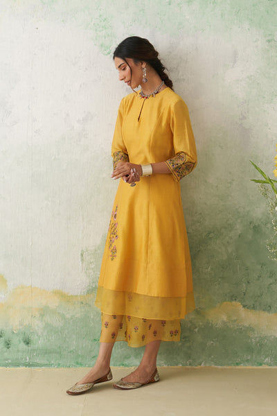 SUNFLOWER YELLOW CHANDERI MULTICOLOR KASHMIRI EMB. KURTA SET (2 PCS)
