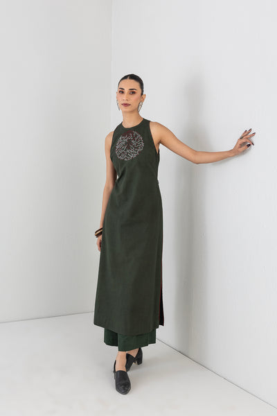 MOSS GREEN MELANGE DRESS PAIRED WITH MOSS GREEN PANTS (2 PCS)