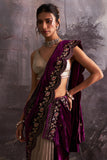 BROWN CRUSH ORGANZA TISSUE EMBROIDERED SAREE WITH SILVER TISSUE UNSTITCHED BLOUSE PIECE WITH PURPLE VELVET EMBROIDERED DUSHALA (4 PCS)