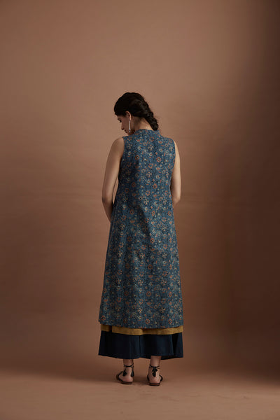 Teal & mustard printed & hand embroidered tunic (VEG-13D/TNC)