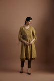 Mustard cotton silk printed dress with embroidered pocket (veg-05/tnc)