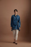 Teal blue silk mulmul printed stylized shirt (veg-11a/shirt)