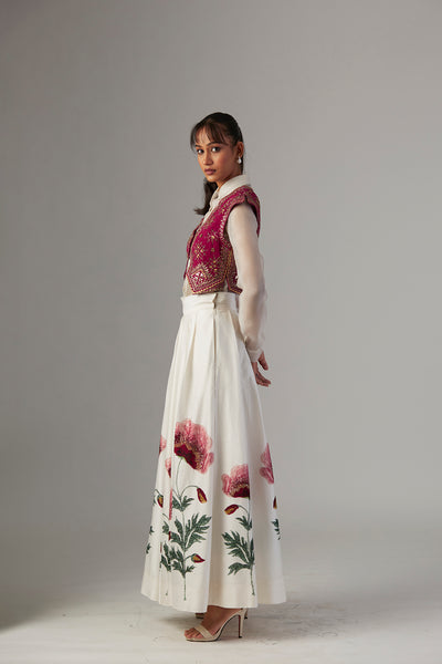 IVORY DUPION SILK POPPY FLORAL SKIRT WITH SHIRT & JACKET ( TL-25A)