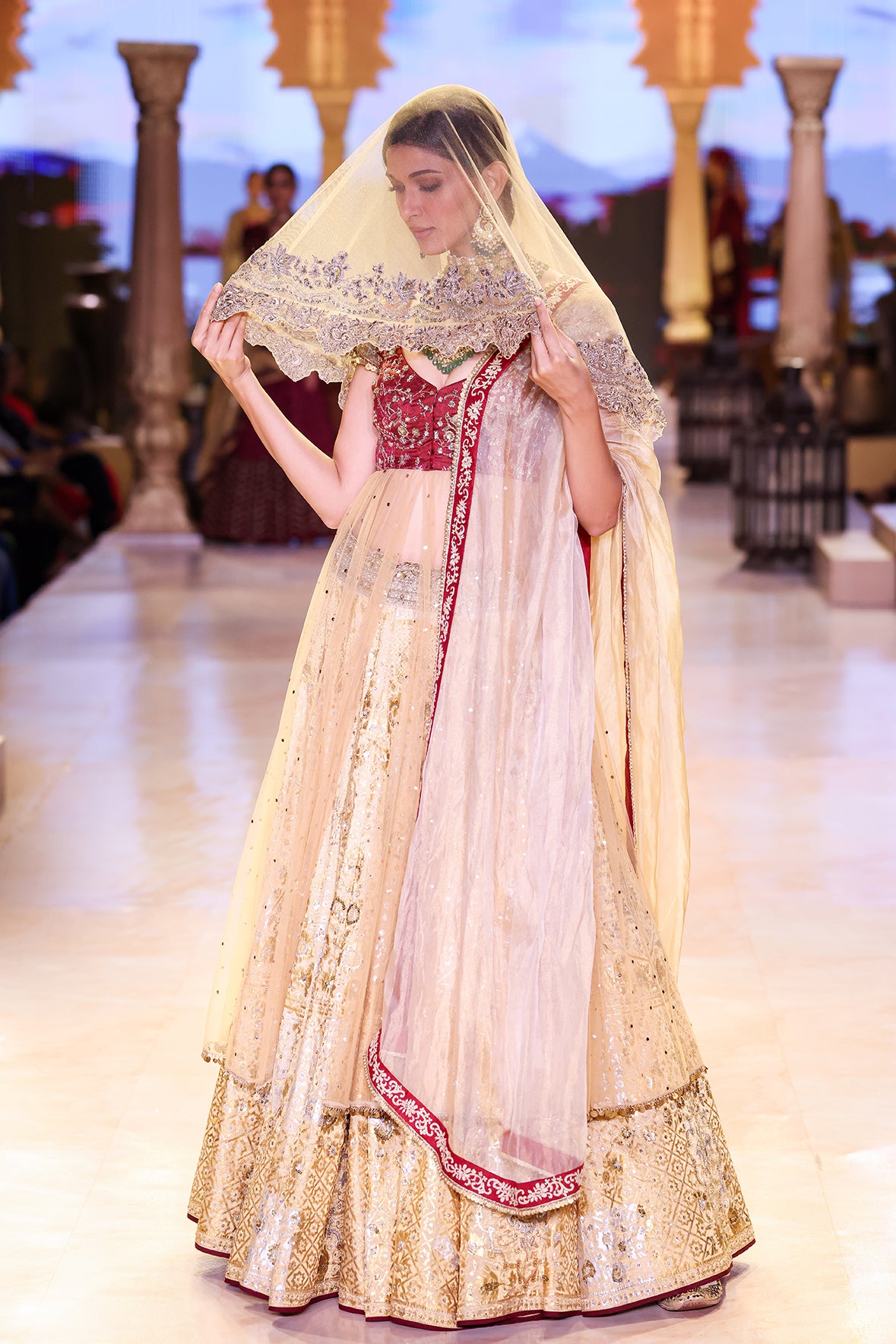 GOLD & MAROON DUPION EMBROIDERED LEHENGA SET (EVO-07) – Anju Modi