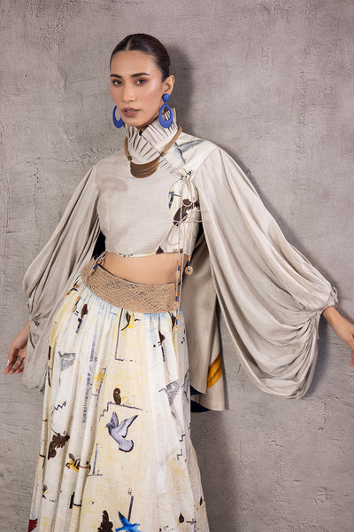 ASH GREY SILK DUPION TOP PAIRED WITH BLUE & GREY OMBRE BIRD PRINTED SILK DUPION WRAP SKIRT (AJP-03)