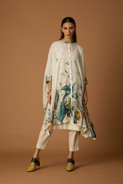 IVORY SILK ORGANZA FOREST PRINTED KAFTAN SET (SV-15) (2 PCS)