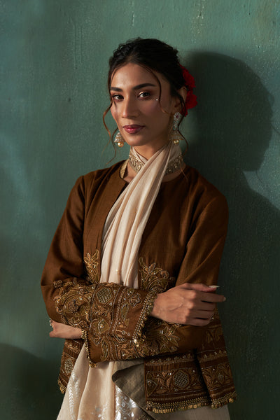 DARK OLIVE TUSSAR EMBROIDERED JACKET (1 PC)