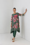 MINTED SAGE SILK CHANDERI HIBISCUS PRINTED DRESS (1 PC)