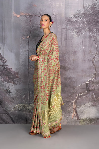 OLIVE GREEN GAJI SILK BANDHANI EMBROIDERED SAREE (1 PC)