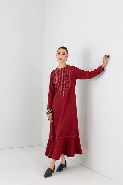 RED MELANGE ABSTRACT EMBROIDERED LONG DRESS (1 PC)