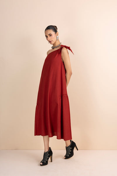 RED COTTON ONE SHOULDER DRESS (1 PC)