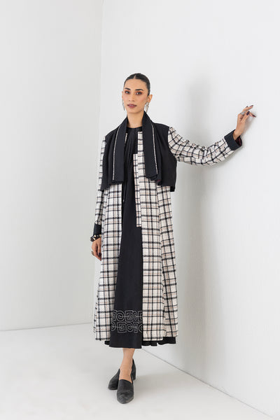 BLACK & WHITE CHEQUERED LONG WOOLEN TRENCH COAT (1 PC)