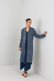 BLUE WOOLEN TEXTURED LONG JACKET (1 PC)