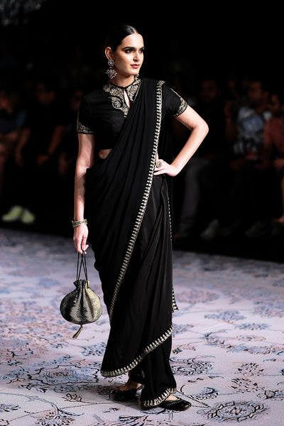 BLACK DRAPED EMBROIDERED SAREE SET (3 PCS)