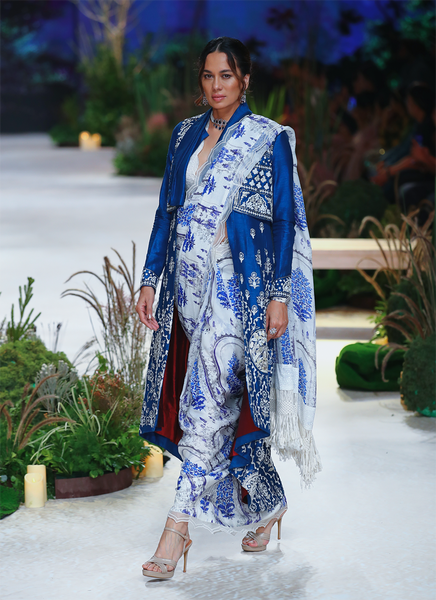 WHITE & BLUE PRINTED SAREE PAIRED WITH IVORY BLOUSE & ELECTRIC BLUE TRENCH COAT  (FA-26, FA-26A, FA-26B)