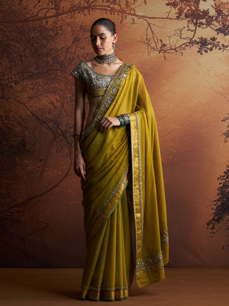 OLIVE MAHESHWARI TISSUE EMBROIDERED SAREE WITH UNSTITCHED BLOUSE & PETICOAT (SE-13)