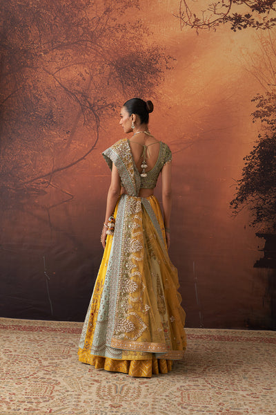YELLOW & AQUA DUPION EMB. LEHENGA SET(KA-01B) (4 PCS)