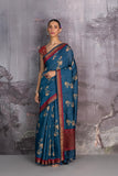 TEAL BLUE TUSSOR GEORGETTE DISCHARGE PRINTED SAREE (1 PC)