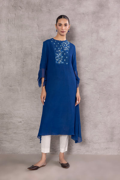 BLUE CHIFFON PRINTED EMBROIDERED TAGAAI KURTA (INY-29B)