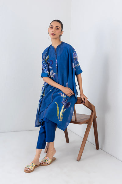 BLUE LAGOON SILK CHANDERI FLORAL PRINTED KAFTAAN SET (2 PCS)