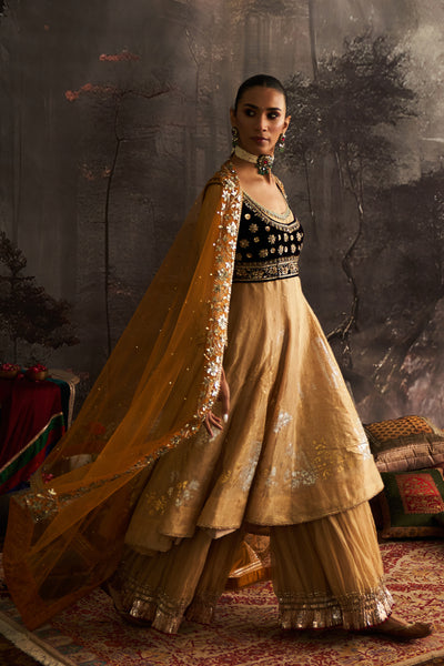 YELLOW SILK EMBROIDERED ANARKALI SET (4 PCS)