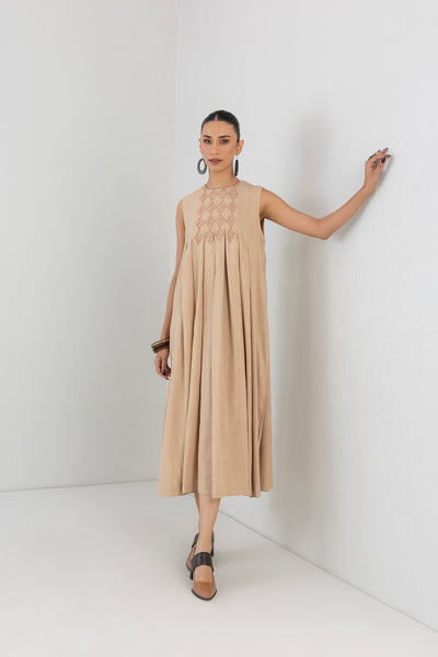 BEIGE BOX PLEATED WOOLEN EMBROIDERED DRESS (1 PC)