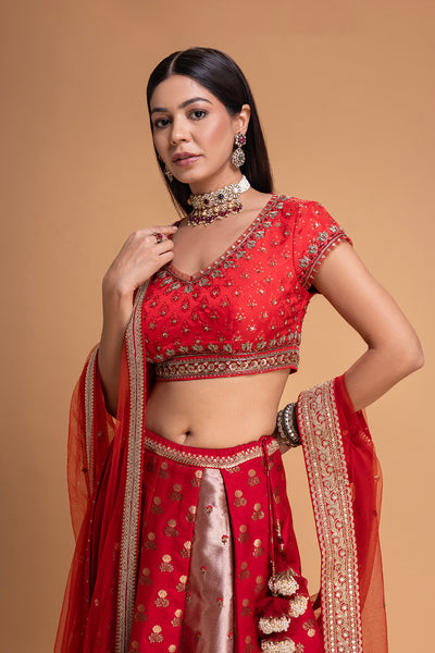 RED BROCADE LEHENGA SET (3 PCS)