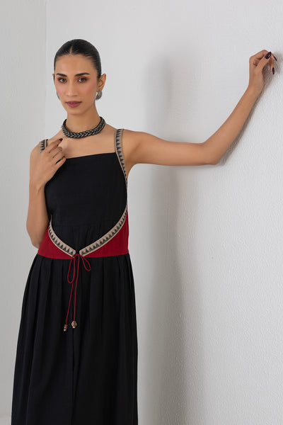 BLACK & RED MELANGE EMBROIDERED WRAP DRESS (1 PC)