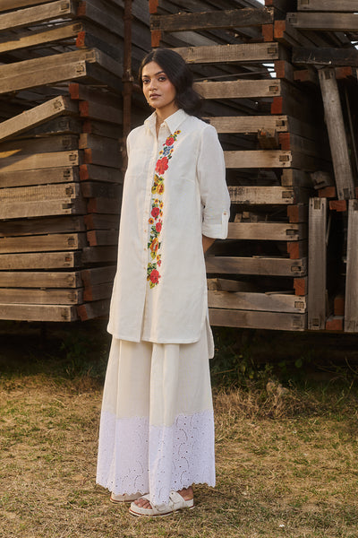 IVORY LINEN FLORAL EMBROIDERED SHIRT STYLE TUNIC&nbsp; (CM-05B/TNC)