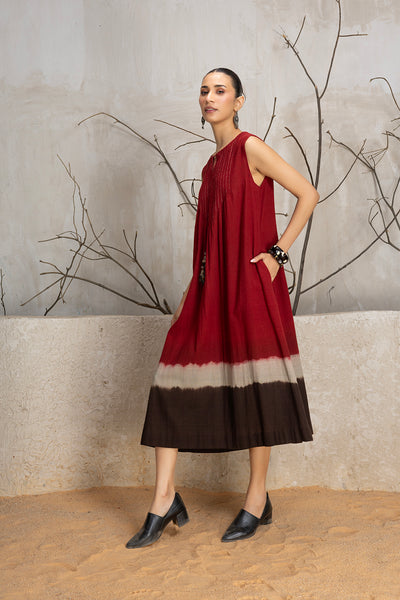 MADDER RED AND BROWN TIE & DYE COTTON DRESS (1 PC)