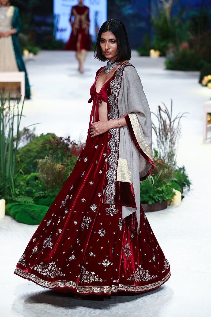 Maroon Velvet Semi Stitched Lehenga With Unstitched Blouse – Odette