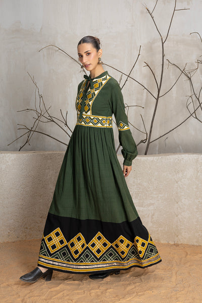 MILITARY GREEN KALA COTTON EMBROIDERED DRESS (1 PC)