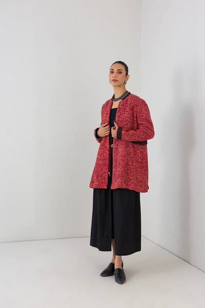 RED TEXTURED WOOLEN MID LENGTH JACKET (1 PC)