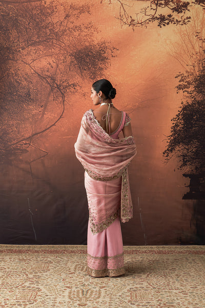 ONION PINK TUSSAR & ORGANZA EMB. TWO-PIECE SAREE SET (3 PCS)