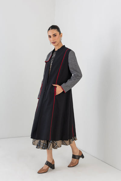 BLACK WOOLEN CHEQUERED LONG JACKET (1 PC)