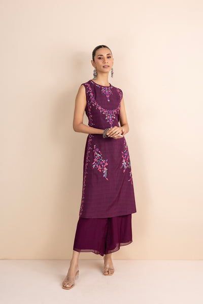 WINE PRINTED & EMBROIDERED SLEEVELESS KURTA SET (2 PCS)