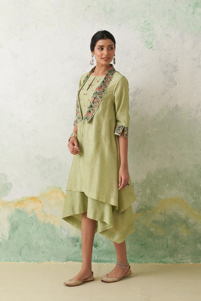 MINT GREEN CHANDERI KASHMIRI EMB. CAPE & DRESS SET (3 PCS)