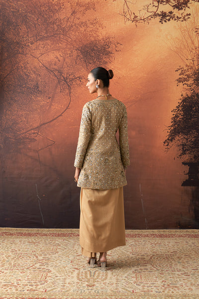 GOLD SILK TISSUE HEAVY EMB. LONG JACKET & GOLD TISSUE DRAPE SKIRT (2 PCS)