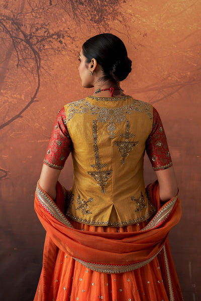 ORANGE & YELLOW TISSUE BROCADE EMB. LEHENGA SET (MH-01C) ( 5 PCS)