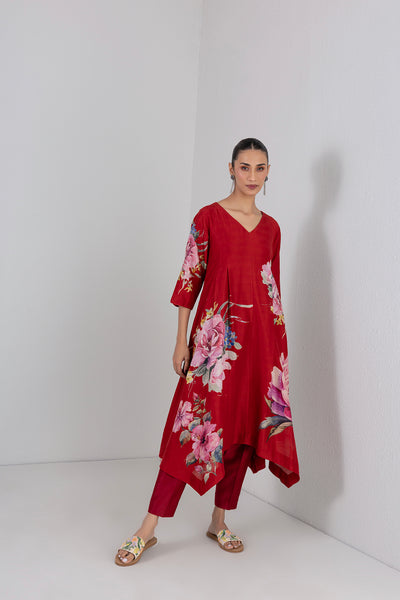 CRIMSON FLAME SILK CHANDERI CHINA ROSE PRINTED DRESS (1 PC)